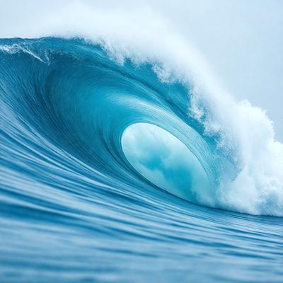 The primary subject of the image is a large wave in the ocean. The wave is blue and white, and it appears to be crashing onto the ocean surface. The setting is the open ocean, with no visible land or other objects in the background. The visual style of the image is a photo, capturing the natural beauty of the ocean and its waves. The dominant colors in the image are blue and white, creating a serene and calming atmosphere.